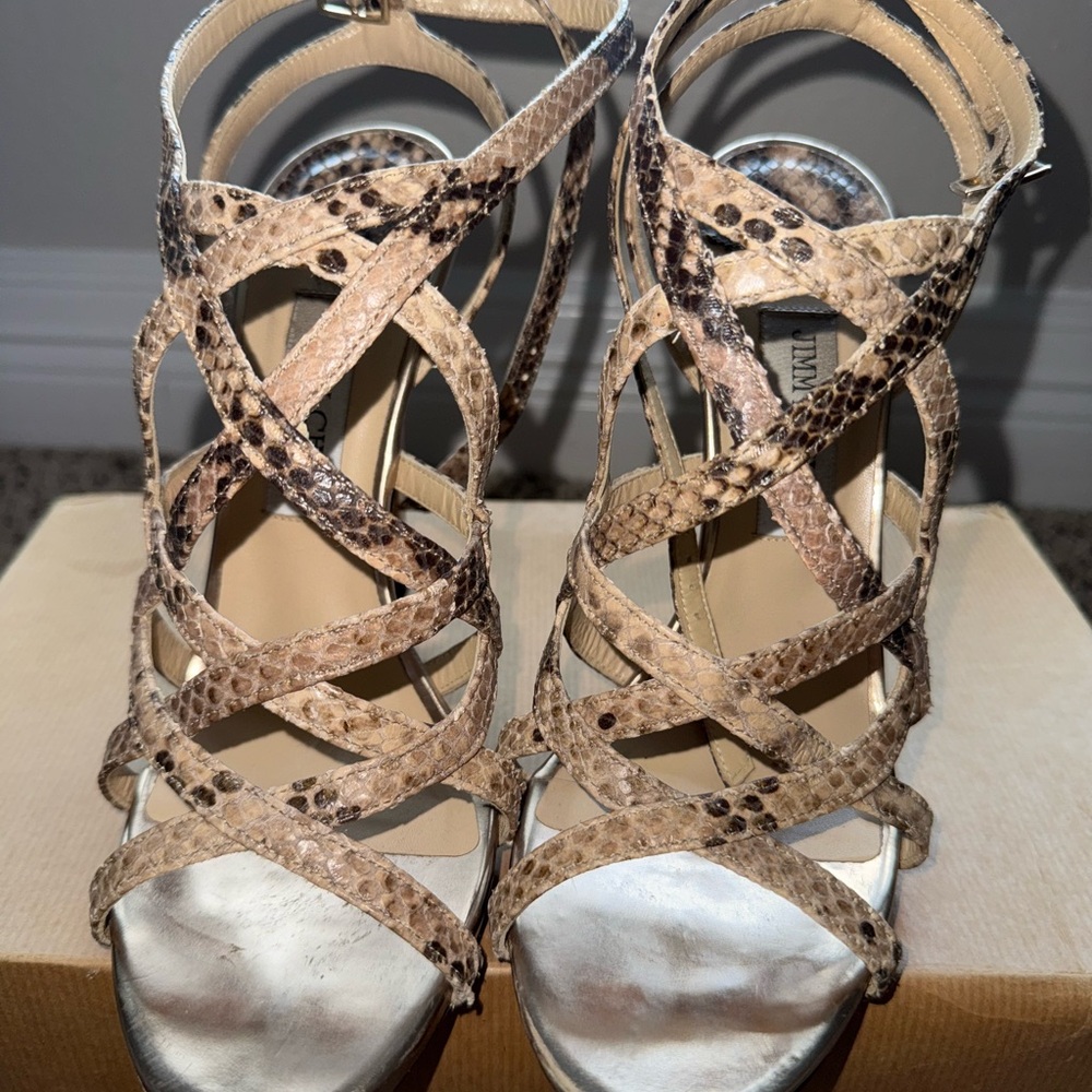 Jimmy Choo Snakeskin Strappy Sandals in Brown and Cream